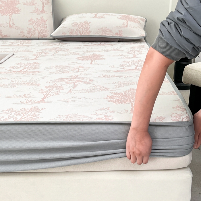 91家纺网 家纺一手货源 找家纺 子曰 2025新款高定版A类PE聚乙烯凉感凉席提花凉席床笠 秘境-粉