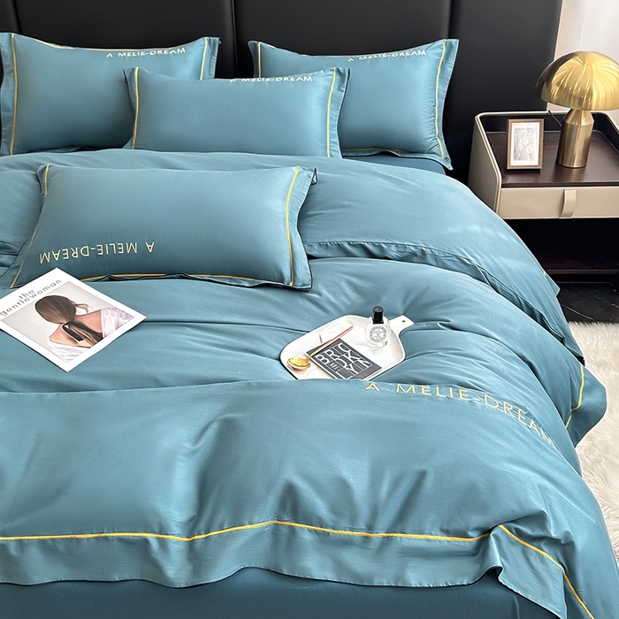 91家纺网 家纺一手货源 找家纺 宇彬家纺 2025新款直播热款13374全棉母婴级压线一字绣宽边枕套被套纯色滚边麻绳四件套贡缎新疆长绒 梦系列-摩卡绿