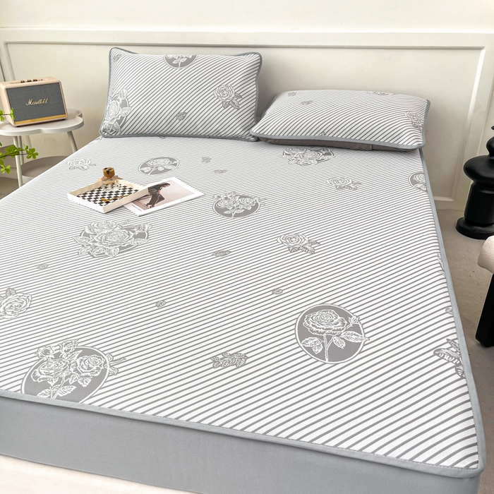 91家纺网 家纺一手货源 找家纺 子曰 2025新款高定版A类PE聚乙烯凉感凉席提花凉席床笠 玫瑰-灰【床笠款】