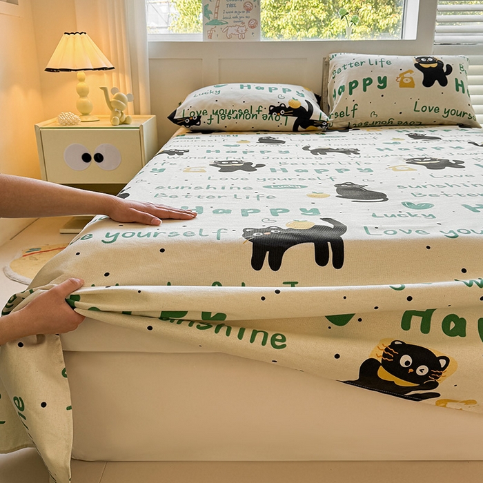 91家纺网 家纺一手货源 找家纺 晓时候 2025原棉老粗布床单凉席三件套软凉席子单床单 幸运黑喵