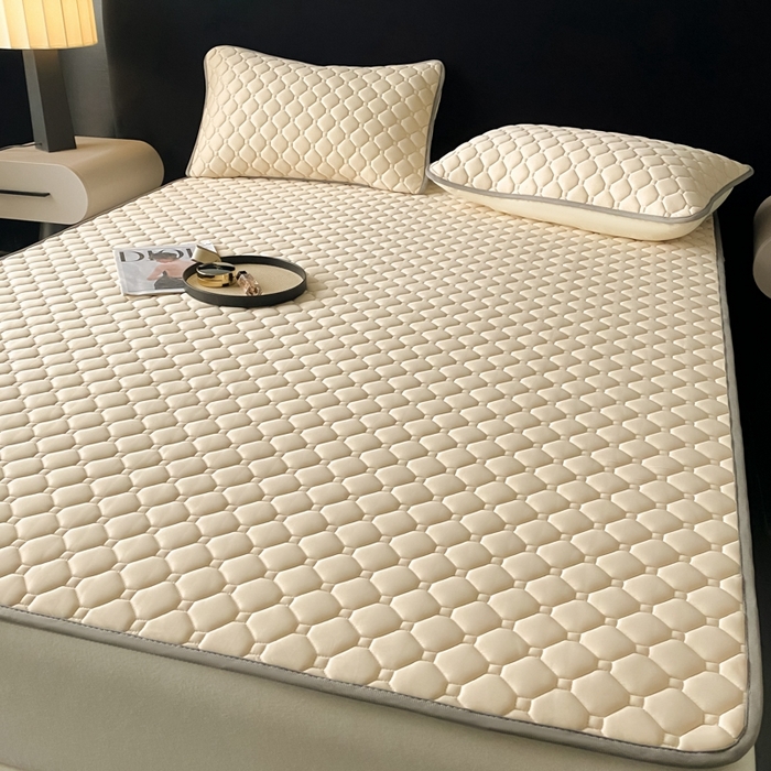 91家纺网 家纺一手货源 找家纺 欧邦 2025新款加厚纯色凉席四件套--凉席三件套 方格-米杏