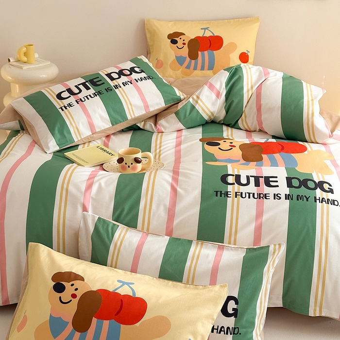 91家纺网 家纺一手货源 找家纺 2025新款全棉大版卡通数码印花纯棉四件套 可爱小狗（绿）