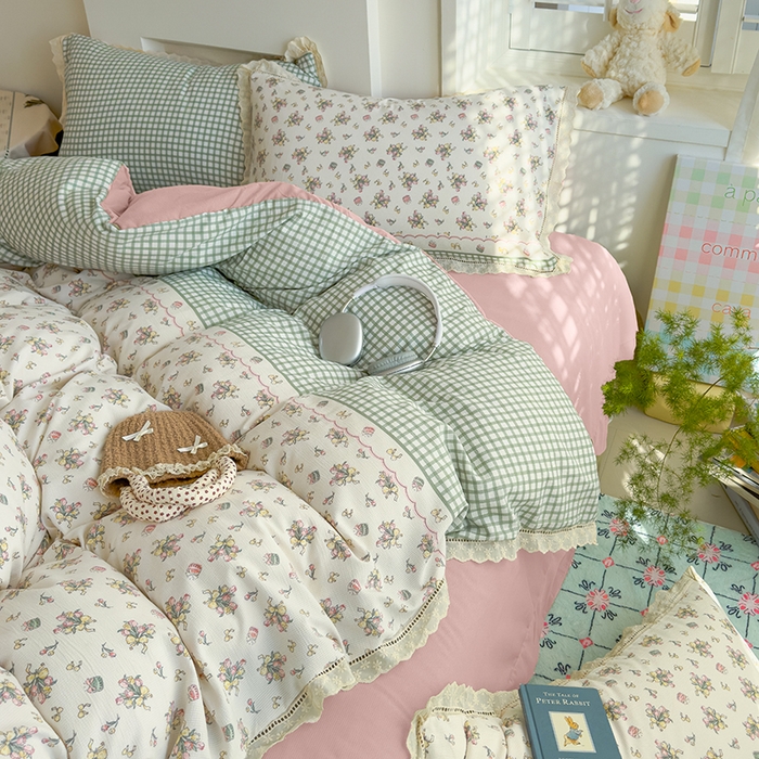 91家纺网 家纺一手货源 找家纺 竹合家纺 2025新款春日碎花法式镂空花边款式提花皱皱四件套 法式-花束蛋糕