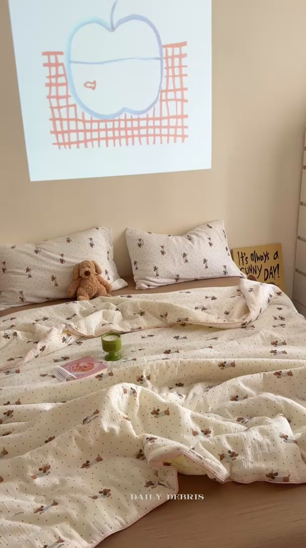 91家纺网 家纺一手货源 找家纺 萝莉家纺 2025新款软软糯糯双层皱皱纱单夏被 夏被四件套 波点狗