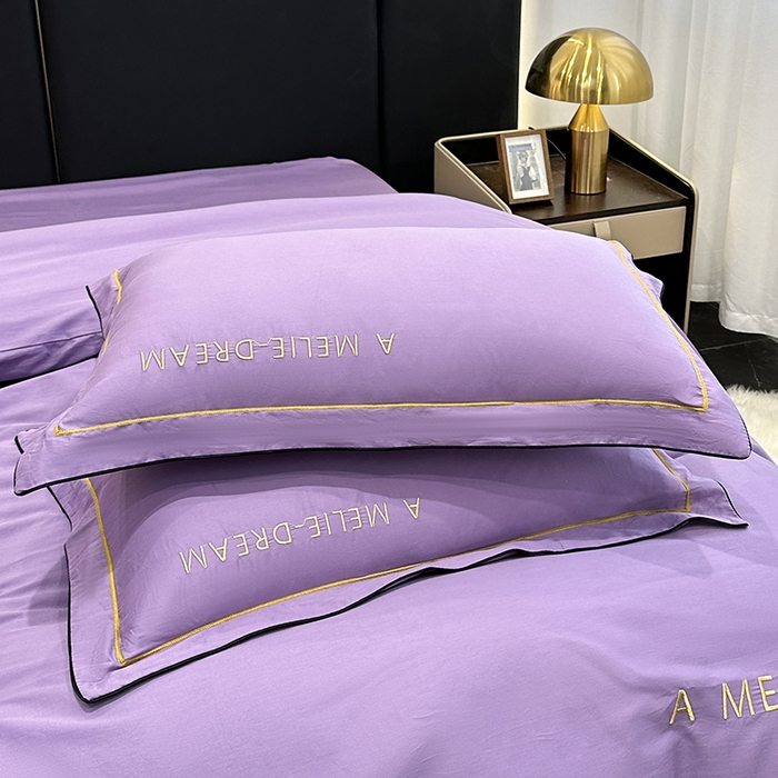 91家纺网 家纺一手货源 找家纺 宇彬家纺 2025新款直播热款13374全棉母婴级压线一字绣宽边枕套被套纯色滚边麻绳四件套贡缎新疆长绒 梦系列-曲雅紫