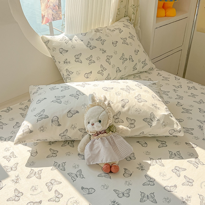 91家纺网 家纺一手货源 找家纺 眠帛家居 2025新款A类水洗皱皱纱印花床单 蝴蝶偏偏