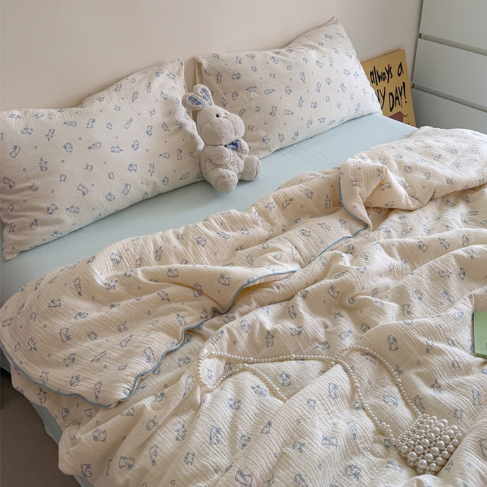 91家纺网 家纺一手货源 找家纺 萝莉家纺 2025新款软软糯糯双层皱皱纱单夏被 夏被四件套 小玉兔