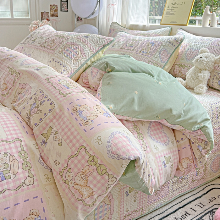 91家纺网 家纺一手货源 找家纺 羽爱家纺 2025新款A类双面全棉印花床盖套件 彩虹蛋糕