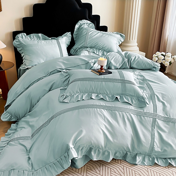 91家纺网 家纺一手货源 找家纺 花香四季家纺 2025新款全棉13376公主风纯棉法式手工立体线条四件套 清风