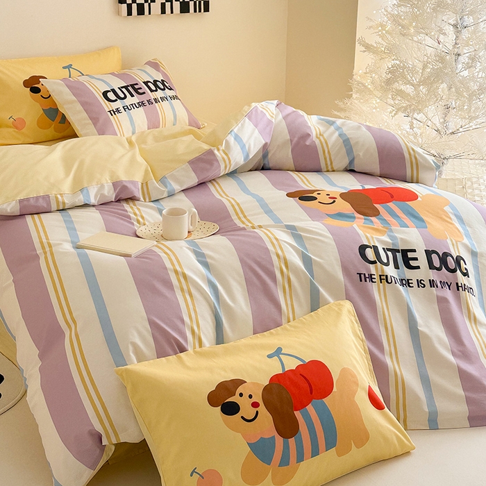 91家纺网 家纺一手货源 找家纺 2025新款全棉大版卡通数码印花纯棉四件套 可爱小狗（紫）