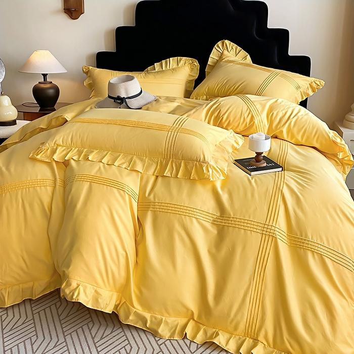 91家纺网 家纺一手货源 找家纺 花香四季家纺 2025新款全棉13376公主风纯棉法式手工立体线条四件套 姜黄