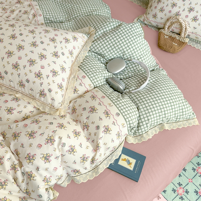 91家纺网 家纺一手货源 找家纺 竹合家纺 2025新款春日碎花法式镂空花边款式提花皱皱四件套 法式-花束蛋糕