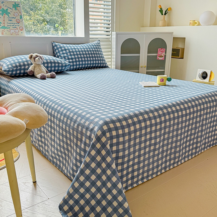 91家纺网 家纺一手货源 找家纺 晓时候 2025原棉老粗布床单凉席三件套软凉席子单床单 蓝小格