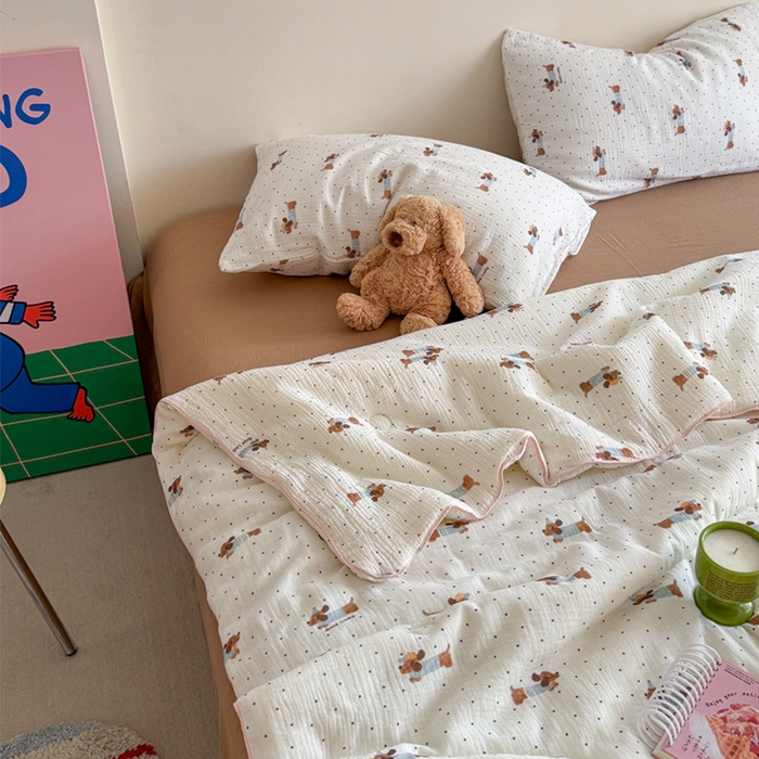 91家纺网 家纺一手货源 找家纺 萝莉家纺 2025新款软软糯糯双层皱皱纱单夏被 夏被四件套 波点狗