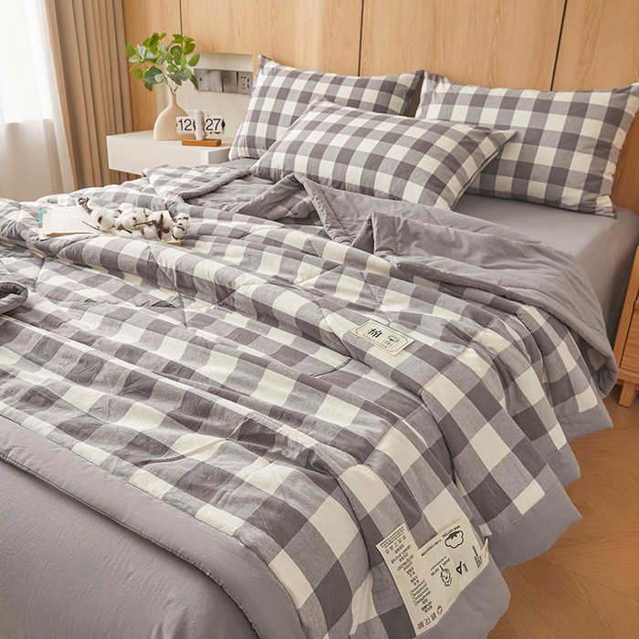 91家纺网 家纺一手货源 找家纺 创优家纺 2025新款无印风格子新疆棉夏被空调被纯棉花被夏被子薄被芯水洗棉包检测 灰中格