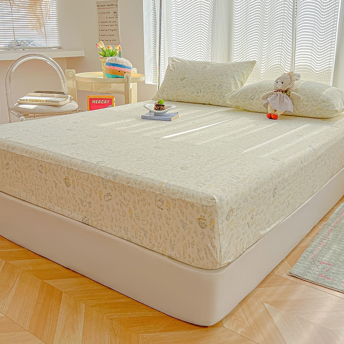 91家纺网 家纺一手货源 找家纺 眠帛家居 2025新款A类水洗皱皱纱印花床笠 乖巧猫咪