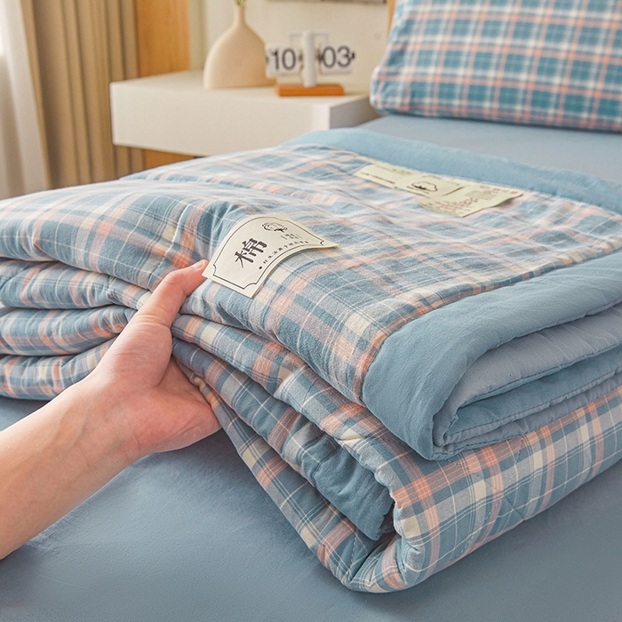 91家纺网 家纺一手货源 找家纺 创优家纺 2025新款无印风格子新疆棉夏被空调被纯棉花被夏被子薄被芯水洗棉包检测 印象蓝