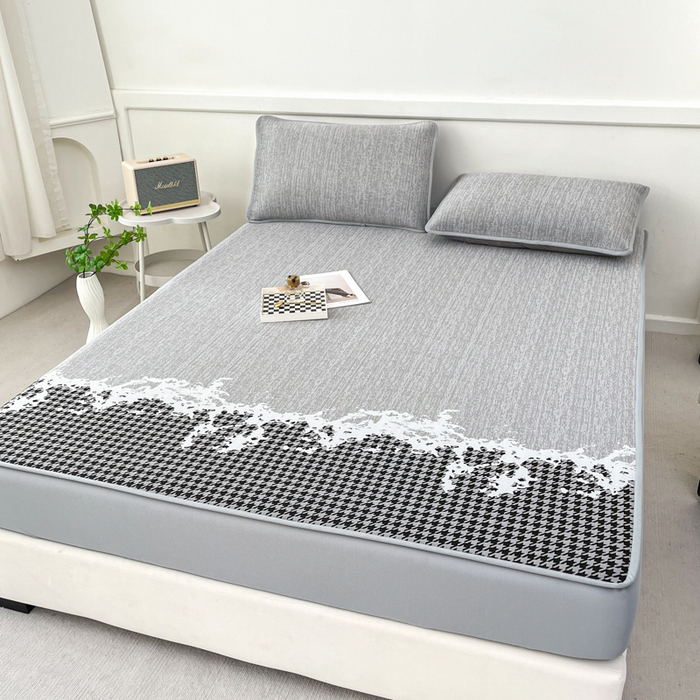 91家纺网 家纺一手货源 找家纺 子曰 2025新款高定版A类PE聚乙烯凉感凉席提花凉席床笠 千鸟格-灰