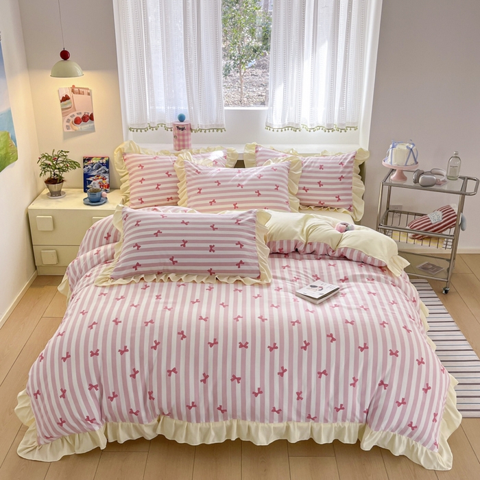 91家纺网 家纺一手货源 找家纺 2025水洗棉花边四件套_9067 蝴蝶结-条纹玉粉