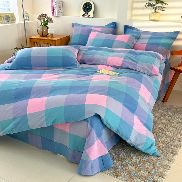 91家纺网 家纺一手货源 找家纺 金窝窝家纺 2025新款纯棉水洗棉四件套 大发格粉蓝