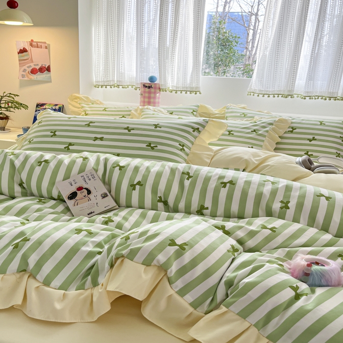 91家纺网 家纺一手货源 找家纺 2025水洗棉花边四件套_9067 蝴蝶结-条纹绿