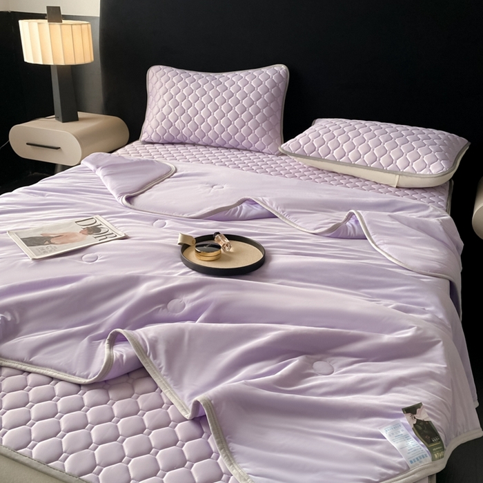 91家纺网 家纺一手货源 找家纺 欧邦 2025新款加厚纯色凉席四件套--夏被四件套 方格-浅紫