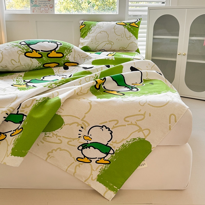 91家纺网 家纺一手货源 找家纺 晓时候 2025原棉老粗布床单凉席三件套软凉席子单床单 快乐鸭