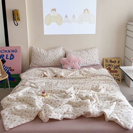 萝莉家纺 2025新款软软糯糯双层皱皱纱单夏被 夏被四件套 蝴蝶结熊