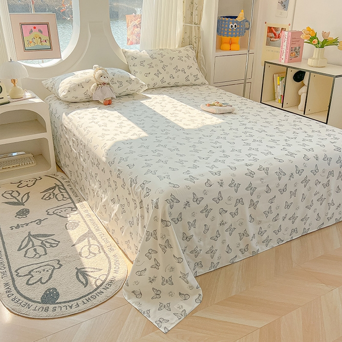 91家纺网 家纺一手货源 找家纺 眠帛家居 2025新款A类水洗皱皱纱印花床单 蝴蝶偏偏