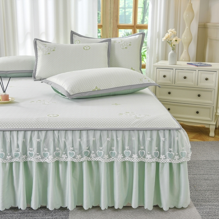 91家纺网 家纺一手货源 找家纺 品乐家纺  2025新款床裙款提花冰豆豆套件凉席席子 绿色