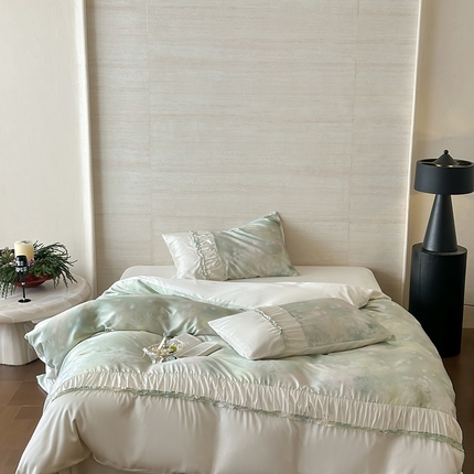 玉宇阁家居 2025新款60s天丝数码印花四件套 薇之白-蜜雪轻霜