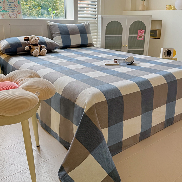 91家纺网 家纺一手货源 找家纺 晓时候 2025原棉老粗布床单凉席三件套软凉席子单床单 蓝咖格