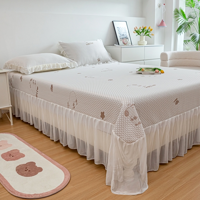 91家纺网 家纺一手货源 找家纺 春寻家纺 2025新款凉豆豆冰丝凉席席子-床裙款 卡皮巴拉-咖