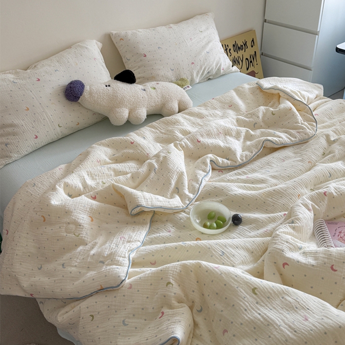 91家纺网 家纺一手货源 找家纺 萝莉家纺 2025新款软软糯糯双层皱皱纱单夏被 夏被四件套 星星月亮