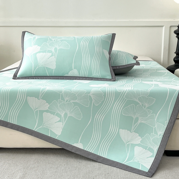 91家纺网 家纺一手货源 找家纺 子曰 2025新款高定版A类PE聚乙烯凉感凉席提花凉席床笠 银杏叶-绿【平铺款】