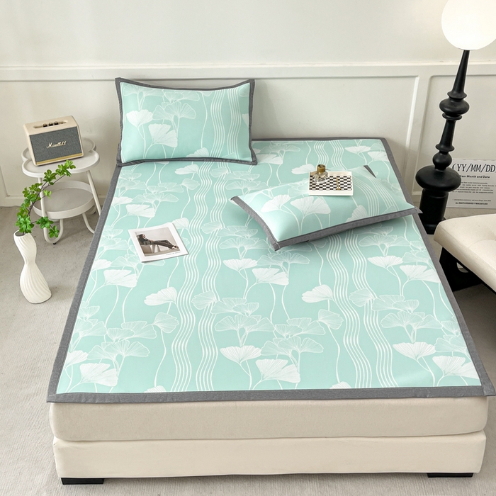 91家纺网 家纺一手货源 找家纺 子曰 2025新款高定版A类PE聚乙烯凉感凉席提花凉席床笠 银杏叶-绿【平铺款】