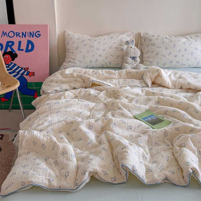 91家纺网 家纺一手货源 找家纺 萝莉家纺 2025新款软软糯糯双层皱皱纱单夏被 夏被四件套 小玉兔