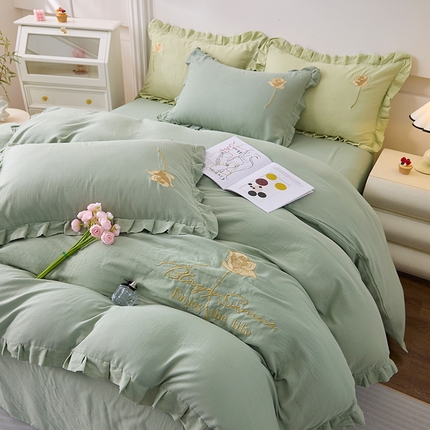 91家纺网 家纺一手货源 找家纺 （总）一比一家纺 2025新款全棉双层纱花边刺绣款四件套