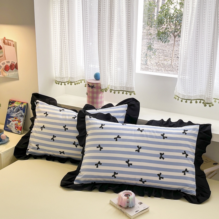 91家纺网 家纺一手货源 找家纺 2025水洗棉花边四件套_9067 蝴蝶结-条纹蓝