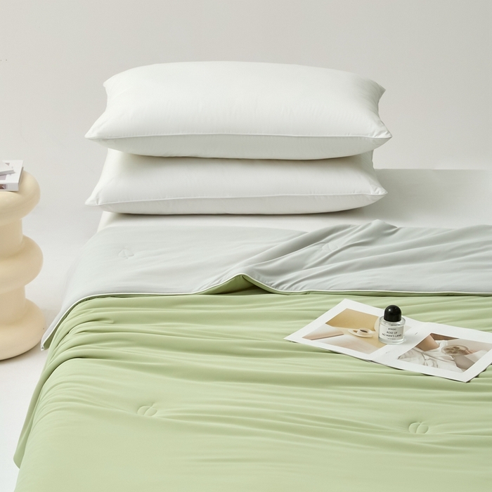 91家纺网 家纺一手货源 找家纺 欧邦 2025新款全消光冰皮凉感锦氨夏被 双拼-绿灰