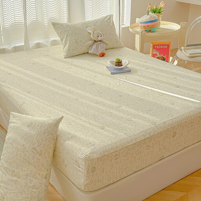 91家纺网 家纺一手货源 找家纺 眠帛家居 2025新款A类水洗皱皱纱印花床笠 乖巧猫咪