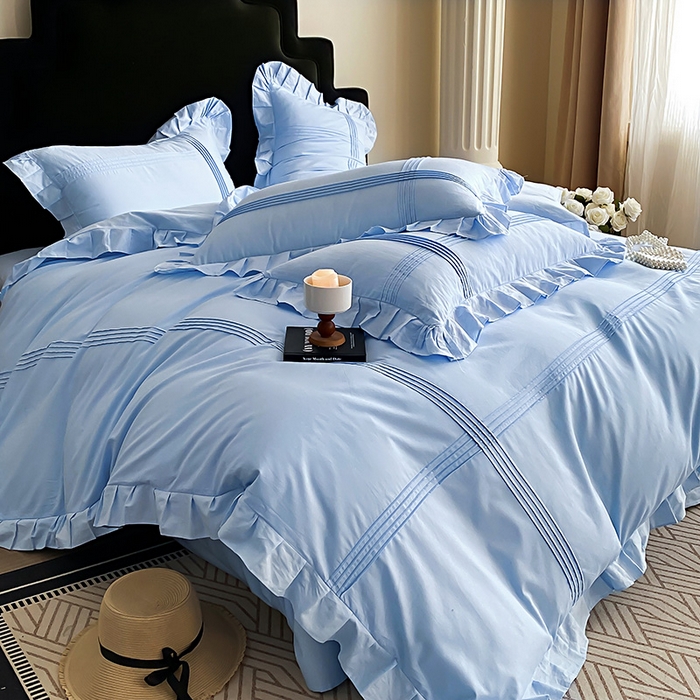 91家纺网 家纺一手货源 找家纺 花香四季家纺 2025新款全棉13376公主风纯棉法式手工立体线条四件套 蔚蓝