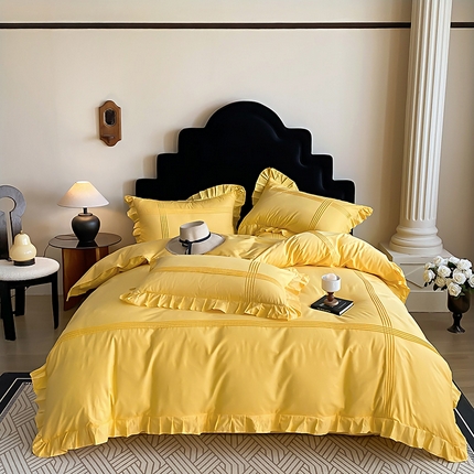花香四季家纺 2025新款全棉13376公主风纯棉法式手工立体线条四件套 姜黄