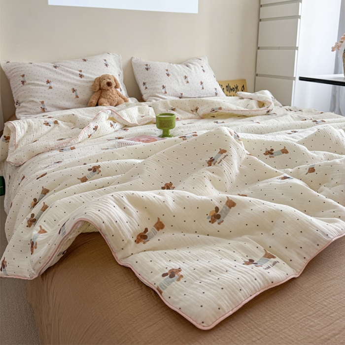 91家纺网 家纺一手货源 找家纺 萝莉家纺 2025新款软软糯糯双层皱皱纱单夏被 夏被四件套 波点狗