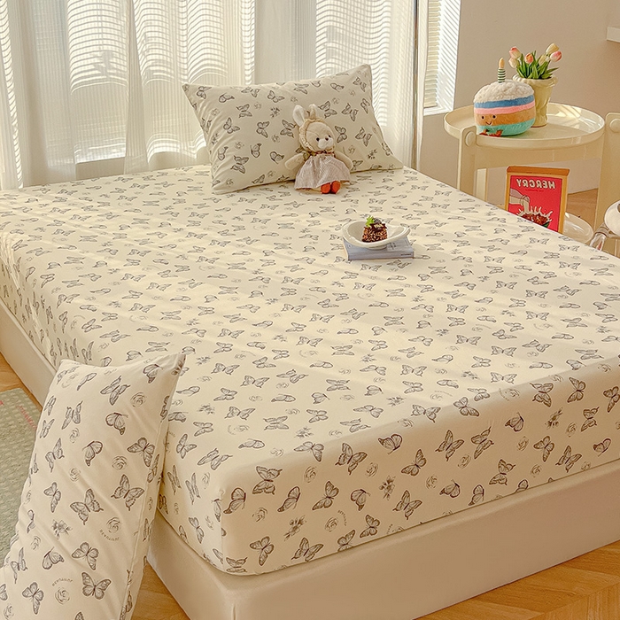 91家纺网 家纺一手货源 找家纺 眠帛家居 2025新款A类水洗皱皱纱印花床笠 蝴蝶偏偏