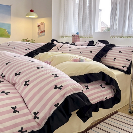 2025水洗棉花边四件套_9067 蝴蝶结-条纹粉