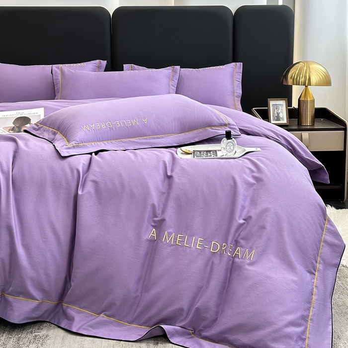 91家纺网 家纺一手货源 找家纺 宇彬家纺 2025新款直播热款13374全棉母婴级压线一字绣宽边枕套被套纯色滚边麻绳四件套贡缎新疆长绒 梦系列-曲雅紫