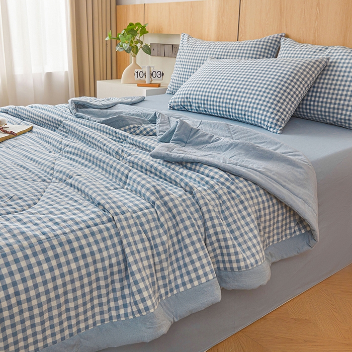 91家纺网 家纺一手货源 找家纺 创优家纺 2025新款无印风格子新疆棉夏被空调被纯棉花被夏被子薄被芯水洗棉包检测 蓝小格