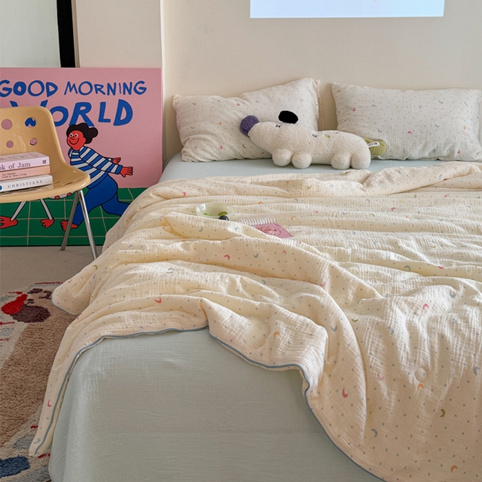 91家纺网 家纺一手货源 找家纺 萝莉家纺 2025新款软软糯糯双层皱皱纱单夏被 夏被四件套 星星月亮