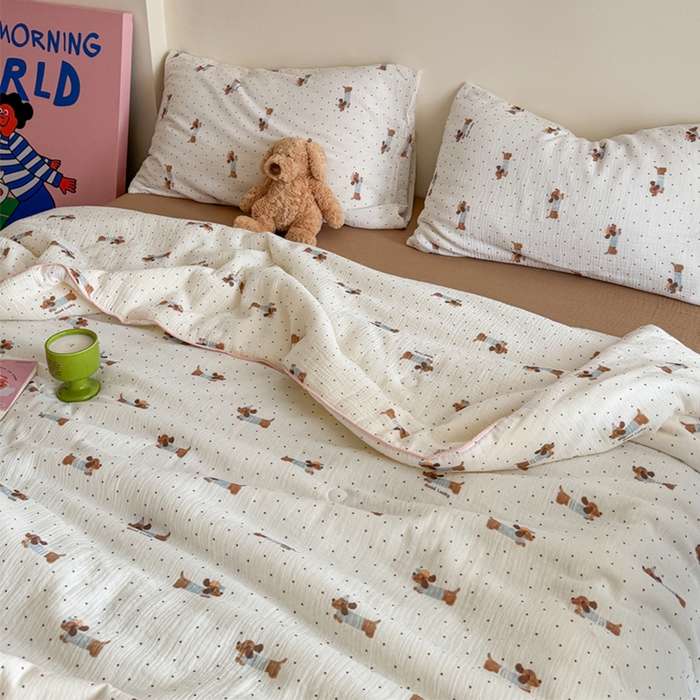 91家纺网 家纺一手货源 找家纺 萝莉家纺 2025新款软软糯糯双层皱皱纱单夏被 夏被四件套 波点狗